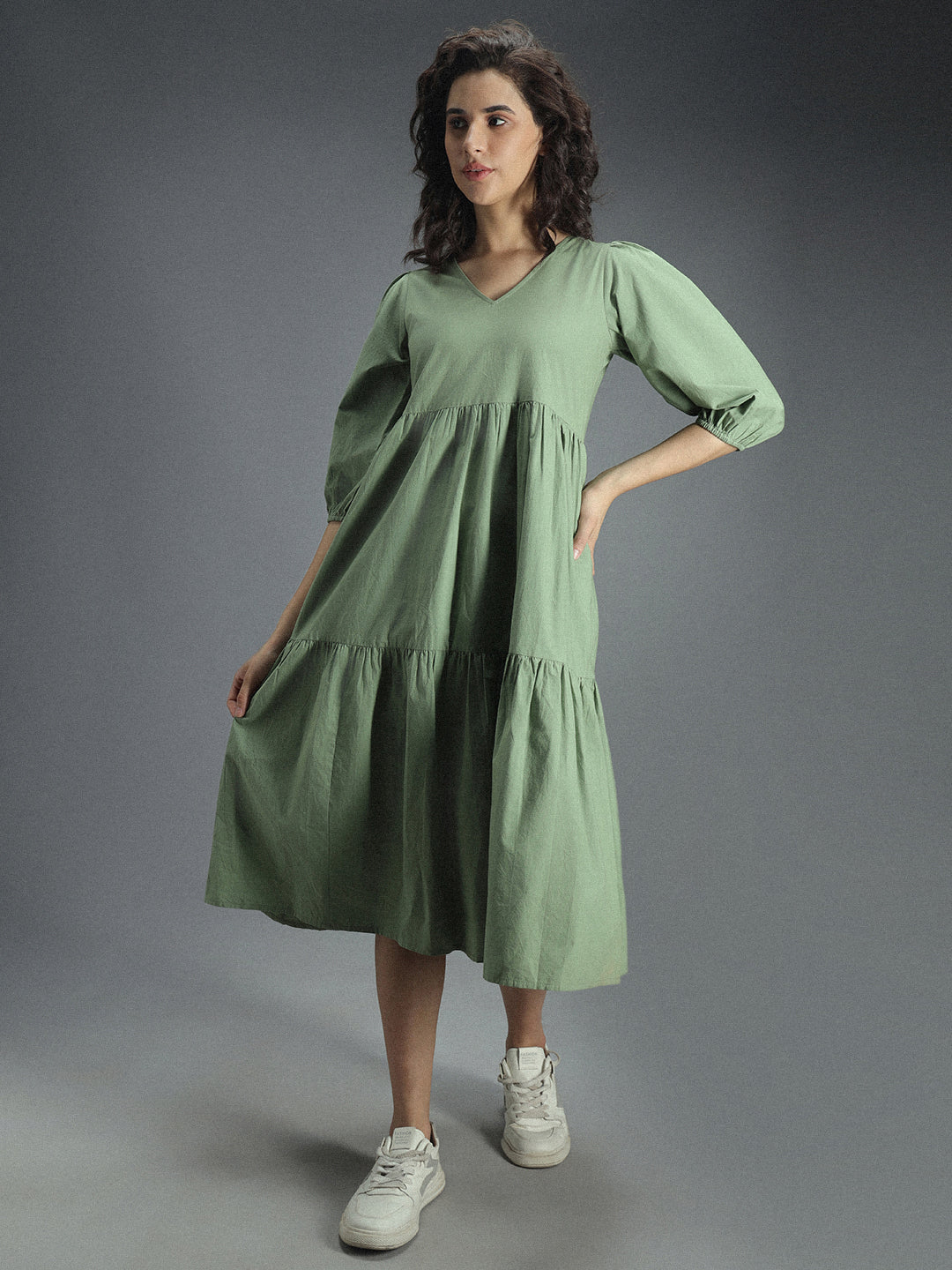 V-Neck Puff Sleeve Gathered Tiered Cotton A-Line Midi Dress