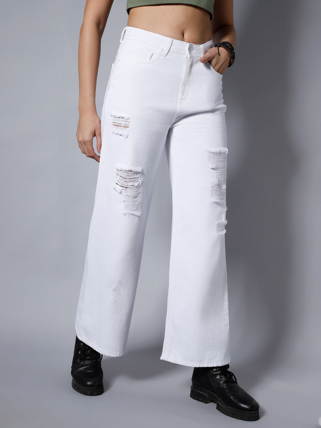 Women White Wide Leg High-Rise Mildly Distressed Jeans