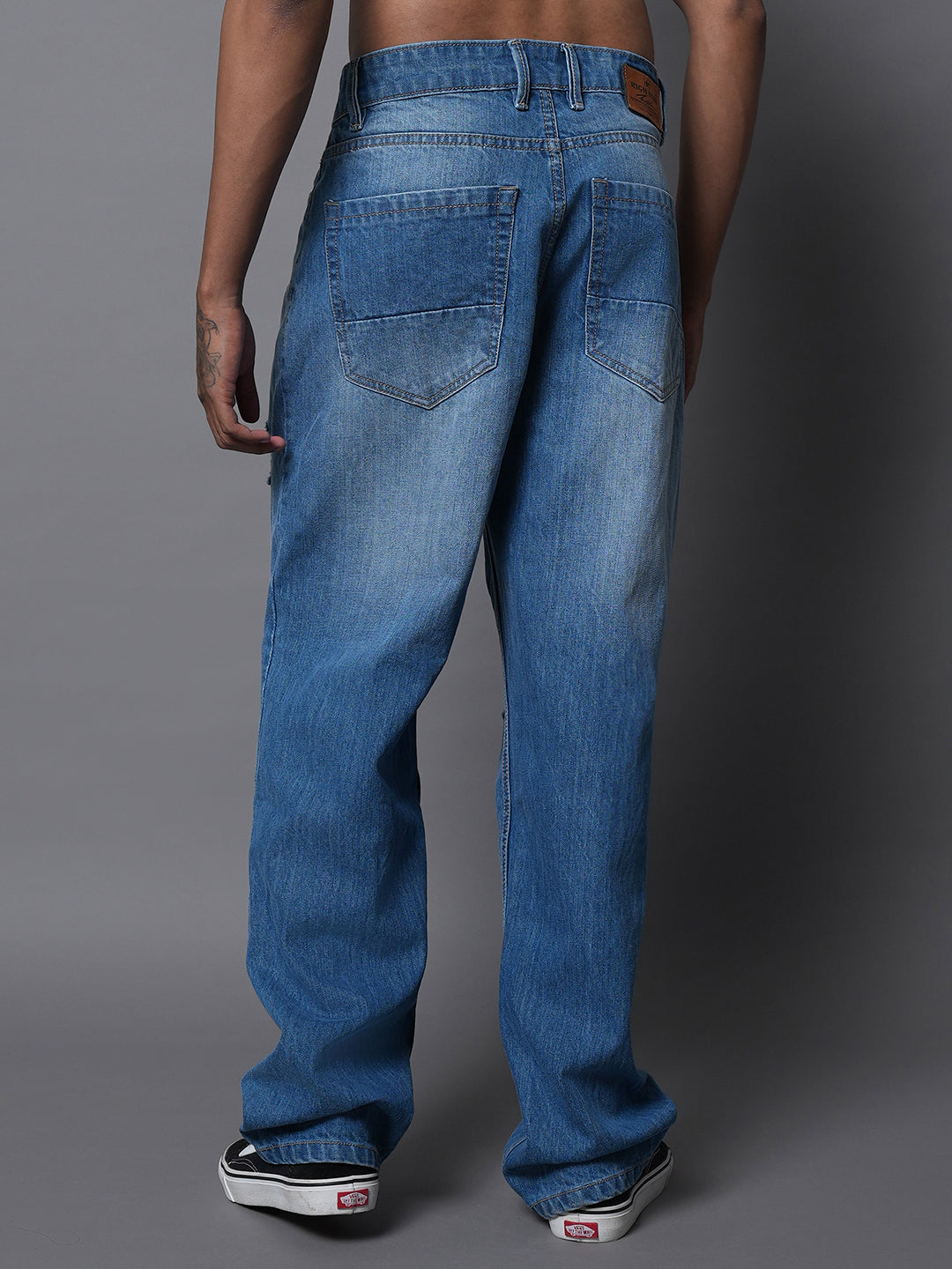 Men Wide Leg Mid-Rise Highly Distressed Light Fade Cotton Jeans