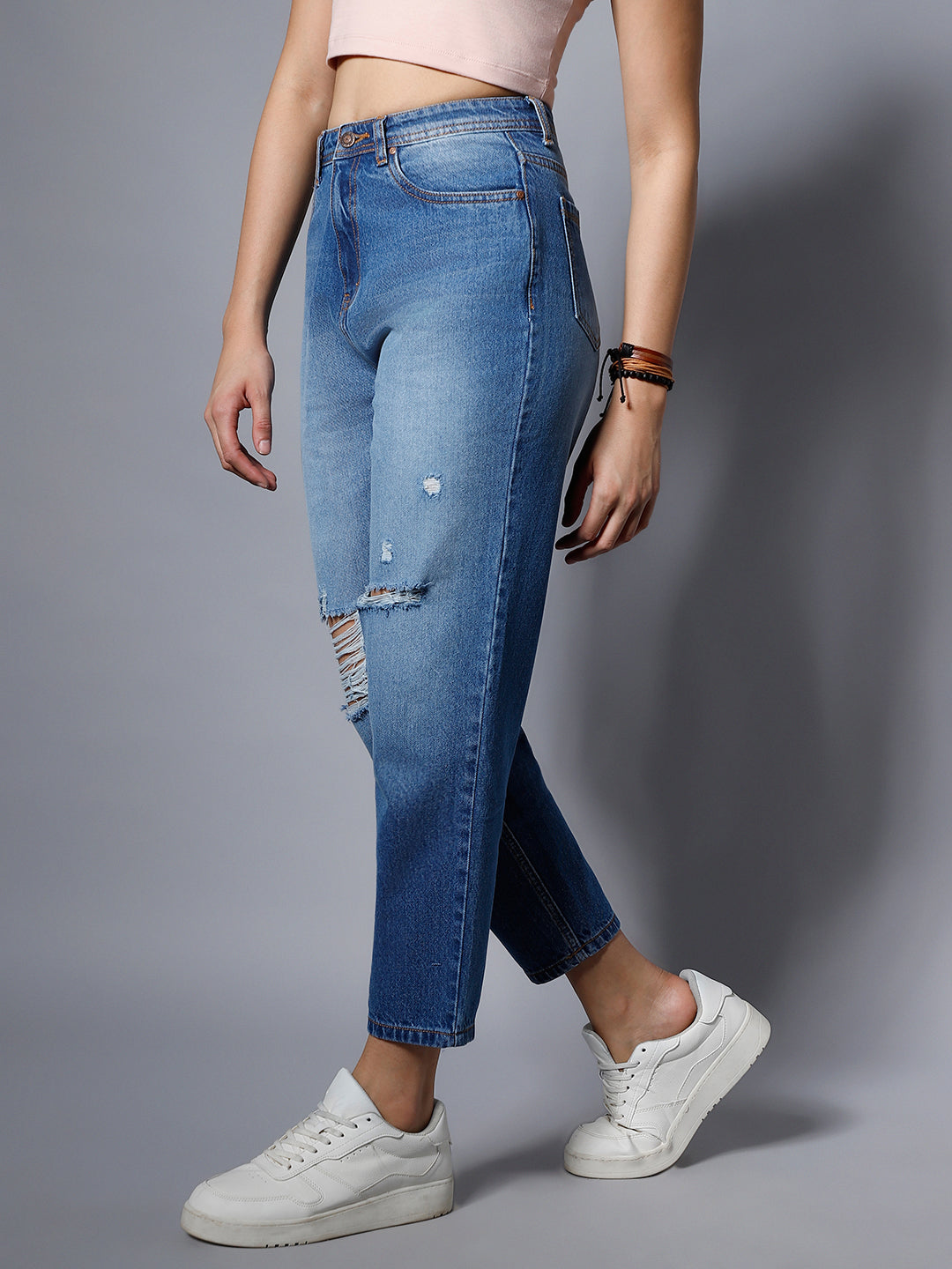 Women Blue High-Rise Mildly Distressed Light Fade Jeans