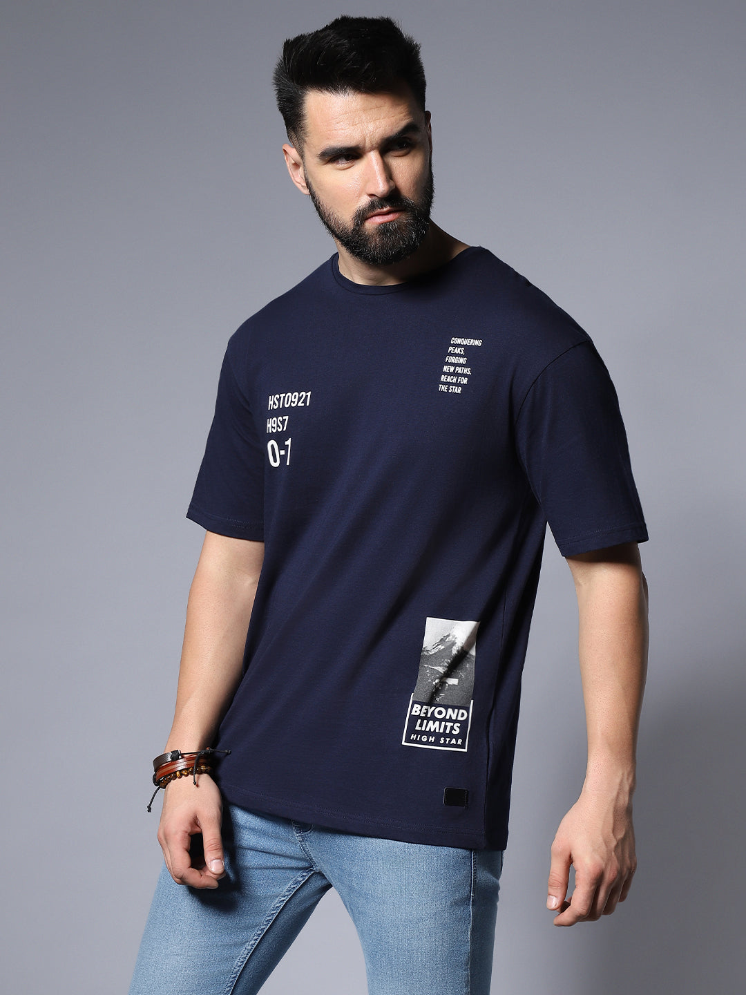 Men Blue Typography Applique T-shirt