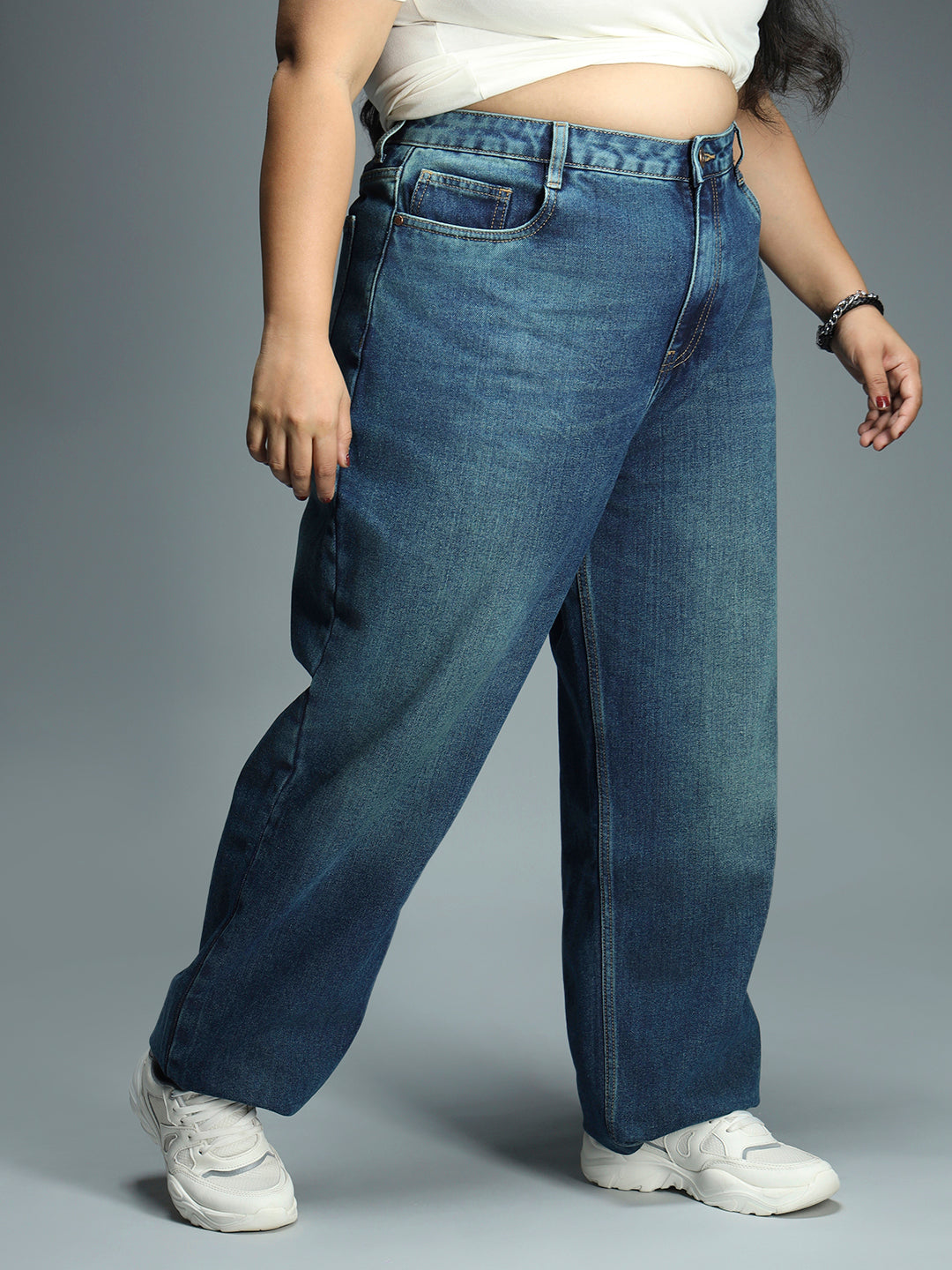 Women Plus Size 90s Straight High-Rise Pure Cotton Jeans