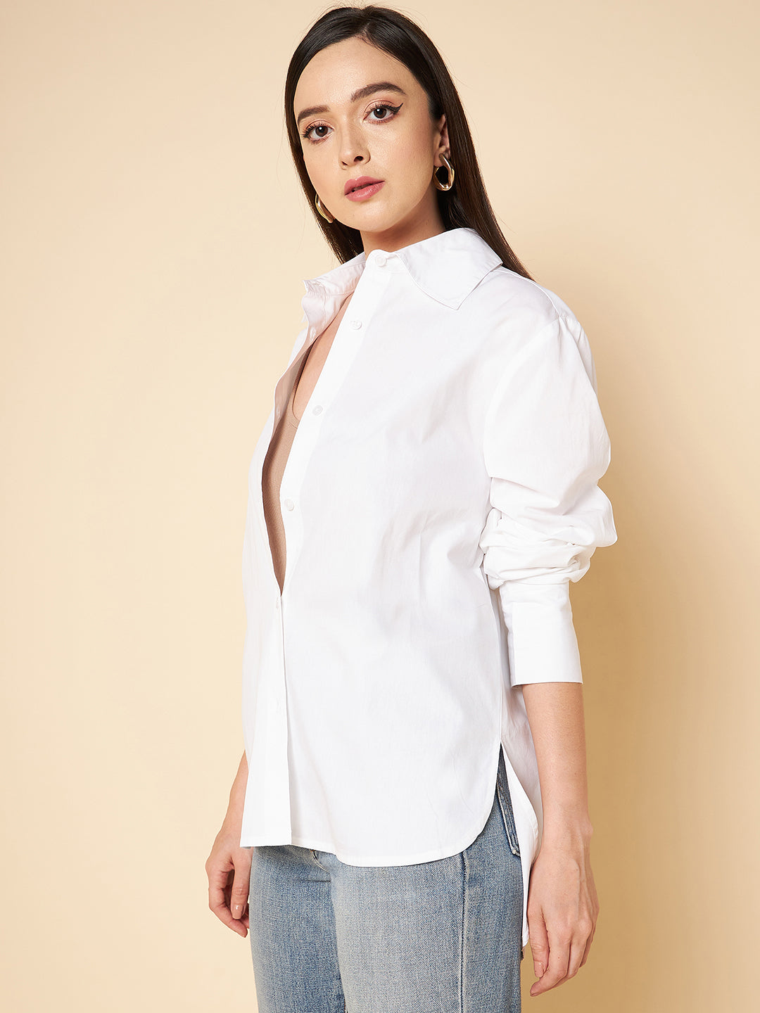 Boxy Fit Solid Cotton White Casual Shirt