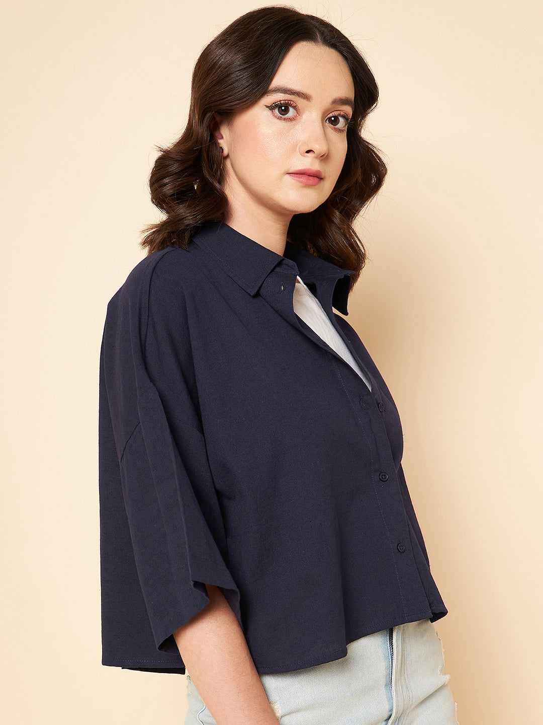 oversized solid cotton navy casual shirt