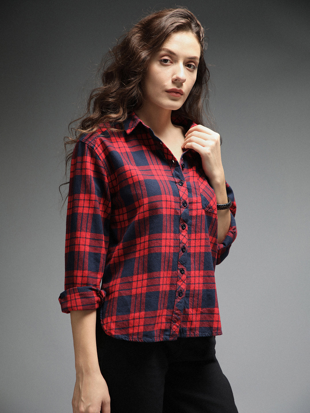 Standard Tartan Checks Spread Collar Long Sleeves Cotton Casual Shirt