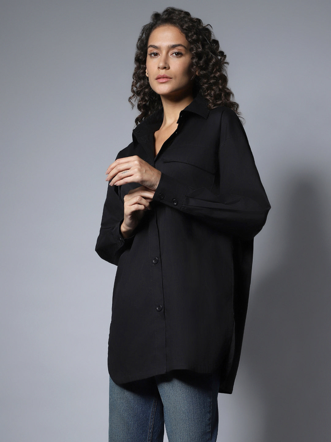 Cotton Spread Collar Long Sleeves Solid oversized longline Shirts