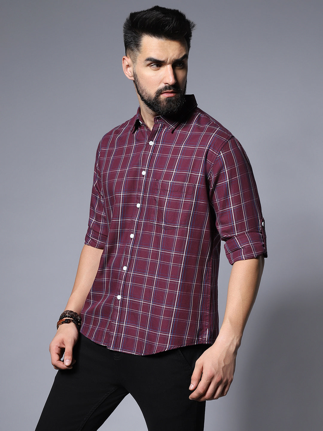 Classic Grid Tattersall Checked Roll-Up Sleeves Pure Cotton Casual Shirt