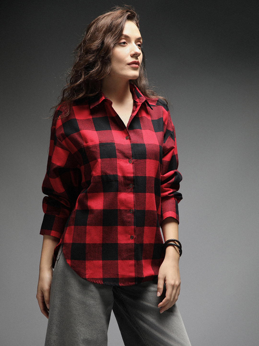 Standard Oversized Checked Spread Collar Long Sleeves Casual Shirt