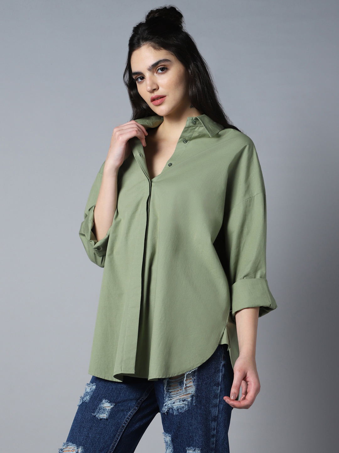 Relaxed Oversized Spread Collar Long Sleeve Cotton Longline Casual Shirt