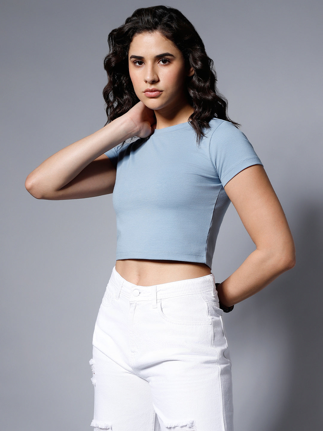 Round Neck Fitted Short Sleeves Solid Crop Top