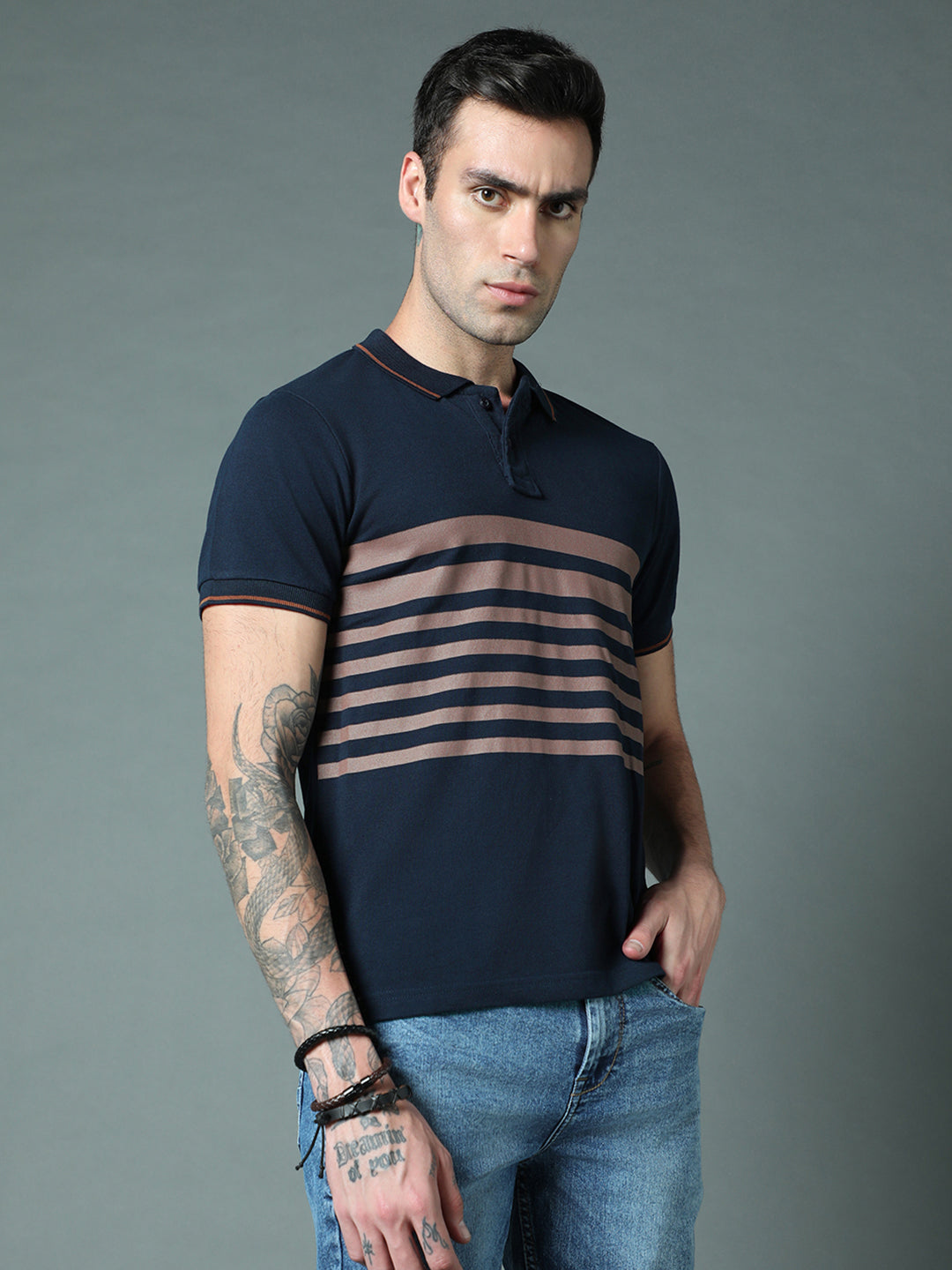 Striped Polo Collar Pure Cotton T-shirt