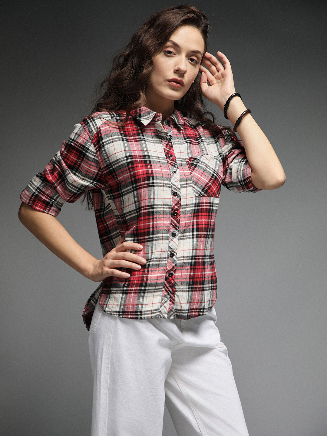 Standard Tartan Checks Spread Collar Long Sleeves Cotton Casual Shirt