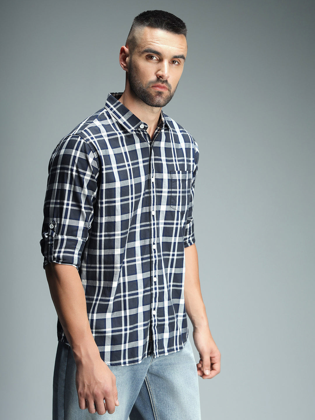 Classic Tartan Checks Spread Collar Long Sleeves Cotton Casual Shirt