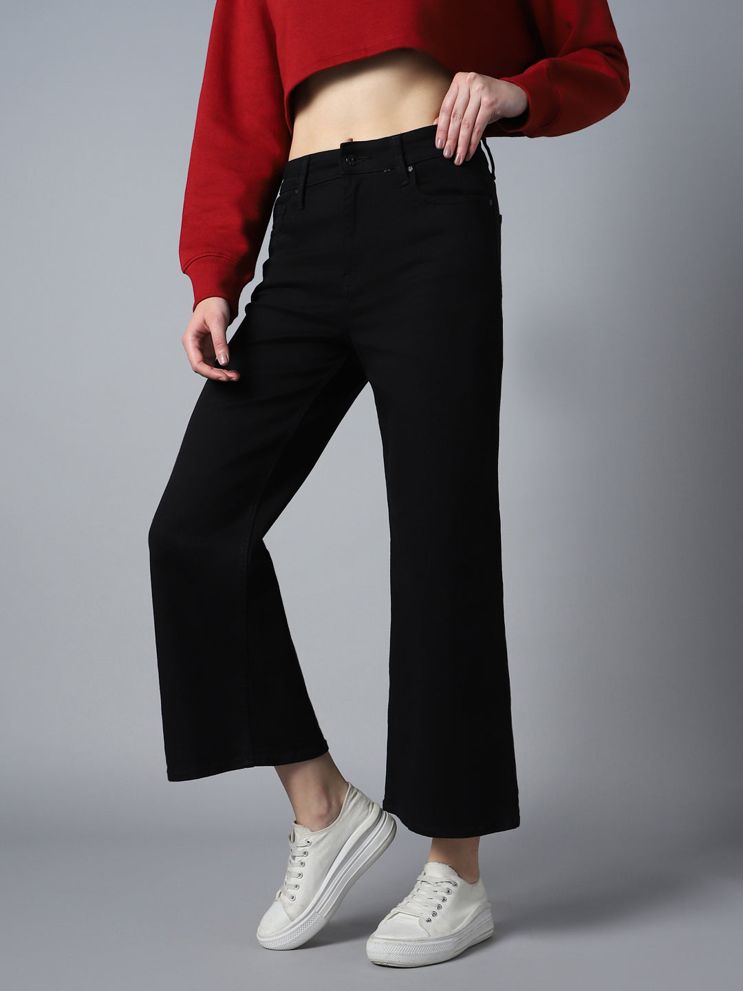 Women Wide Leg High-Rise Clean Look Stretchable Jeans