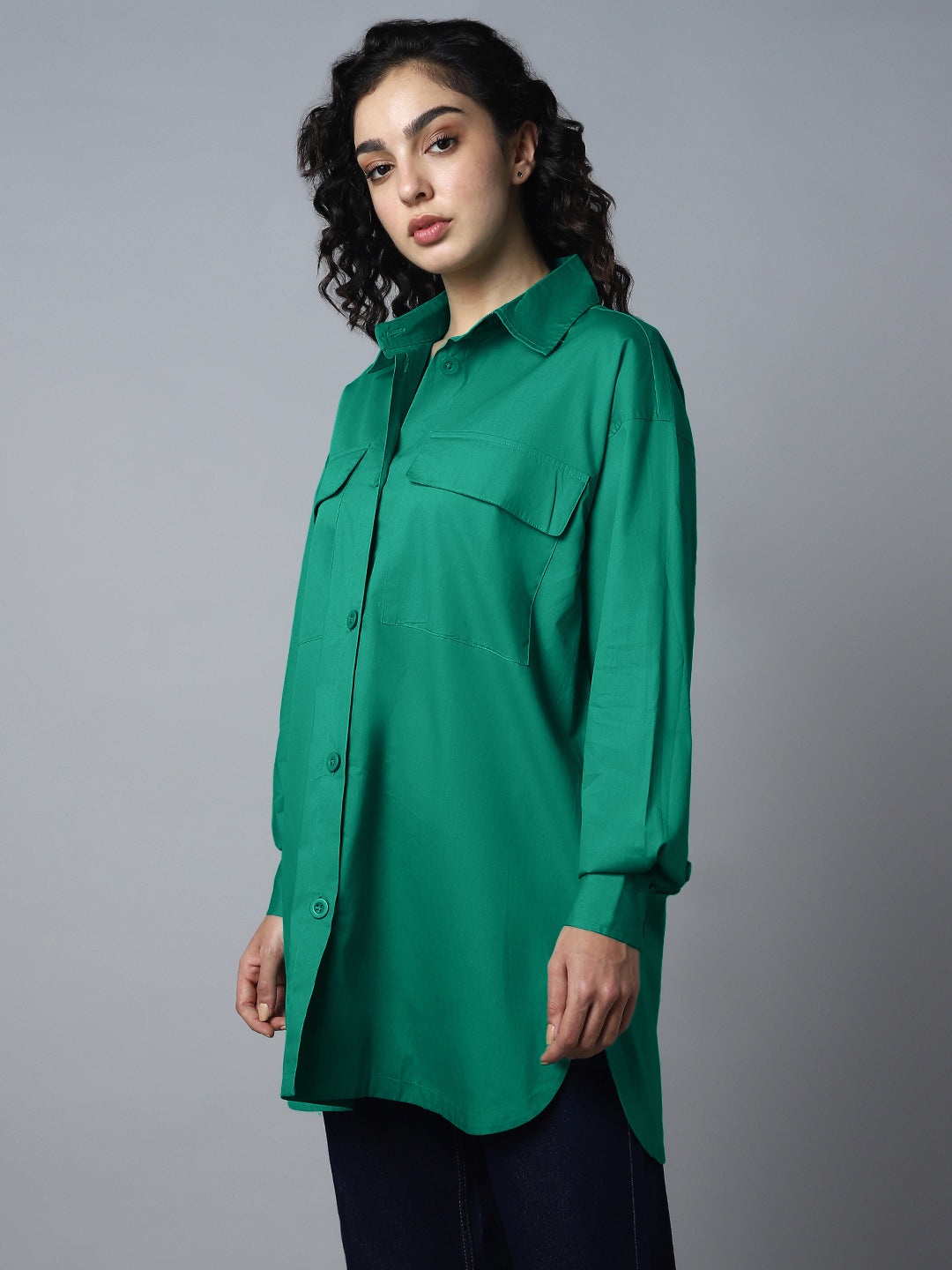 Classic Oversized Spread Collar Long Sleeves Longline Casual Shirt