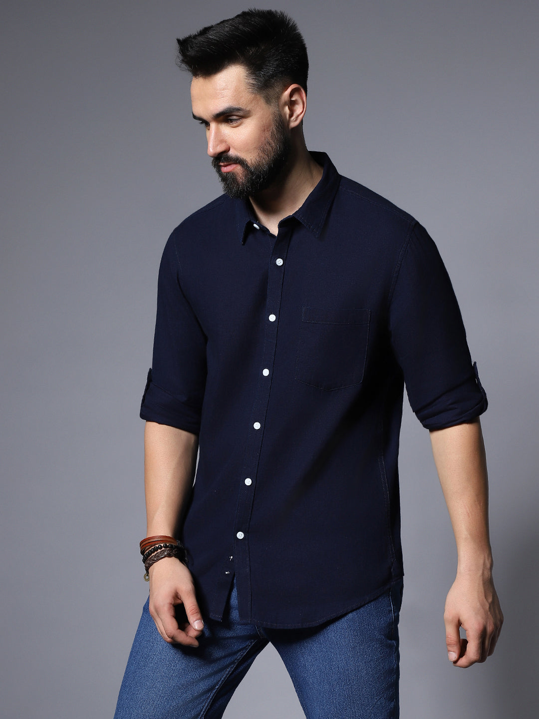 Classic Roll-Up Sleeves Pure Cotton Casual Shirt