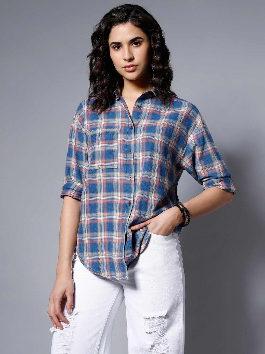 Classic Checked Spread Collar Boxy Fit Pure Cotton Casual Shirt