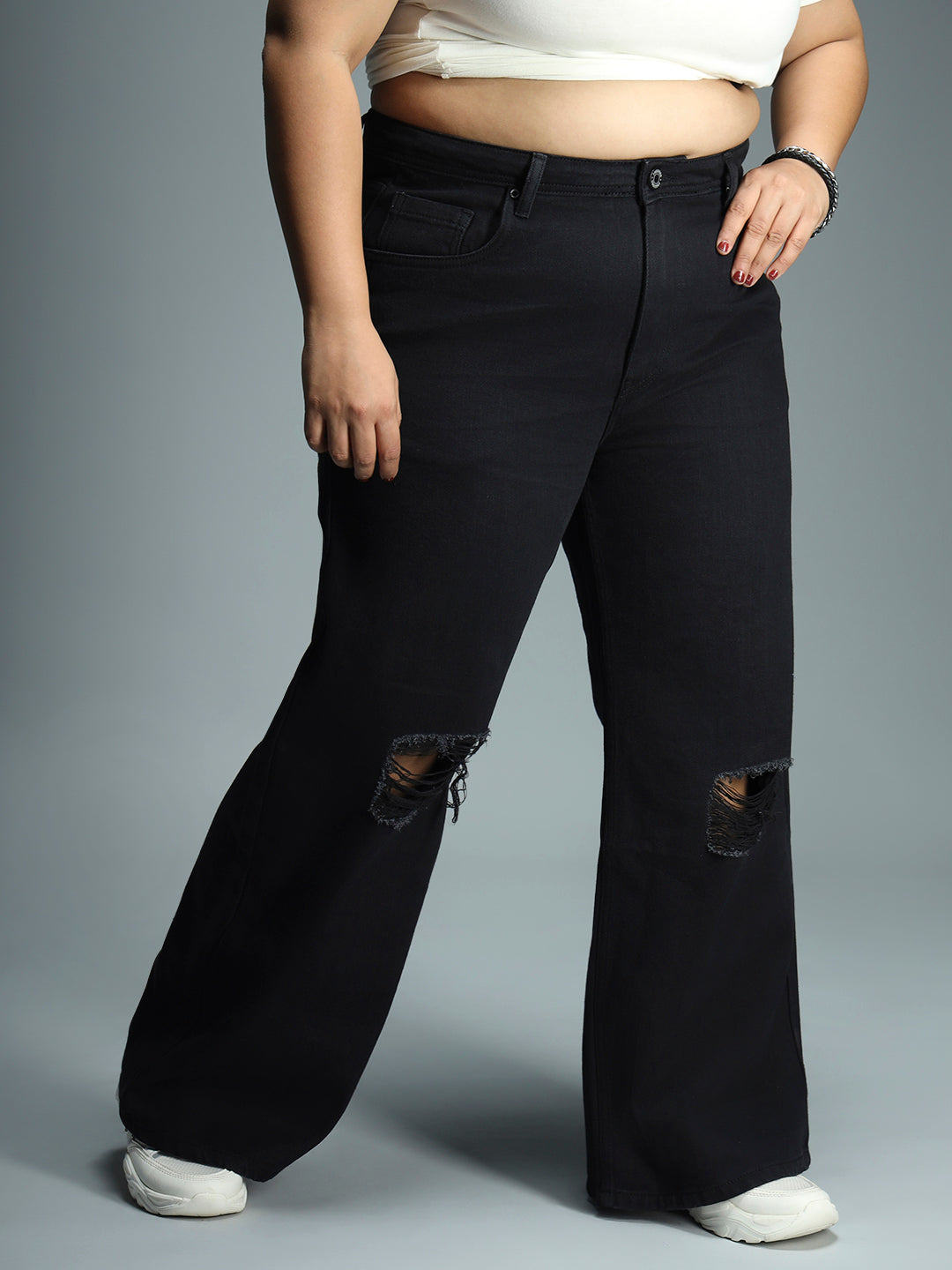 Women Wide Leg High-Rise Slash Knee Stretchable Jeans