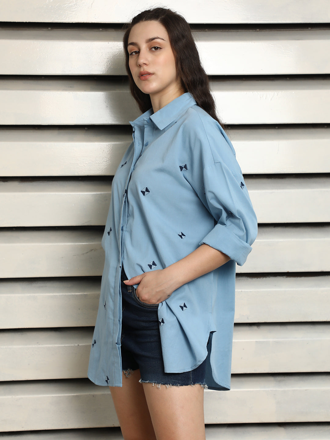 Classic Spread Collar with embroidery Cotton Casual Shirt