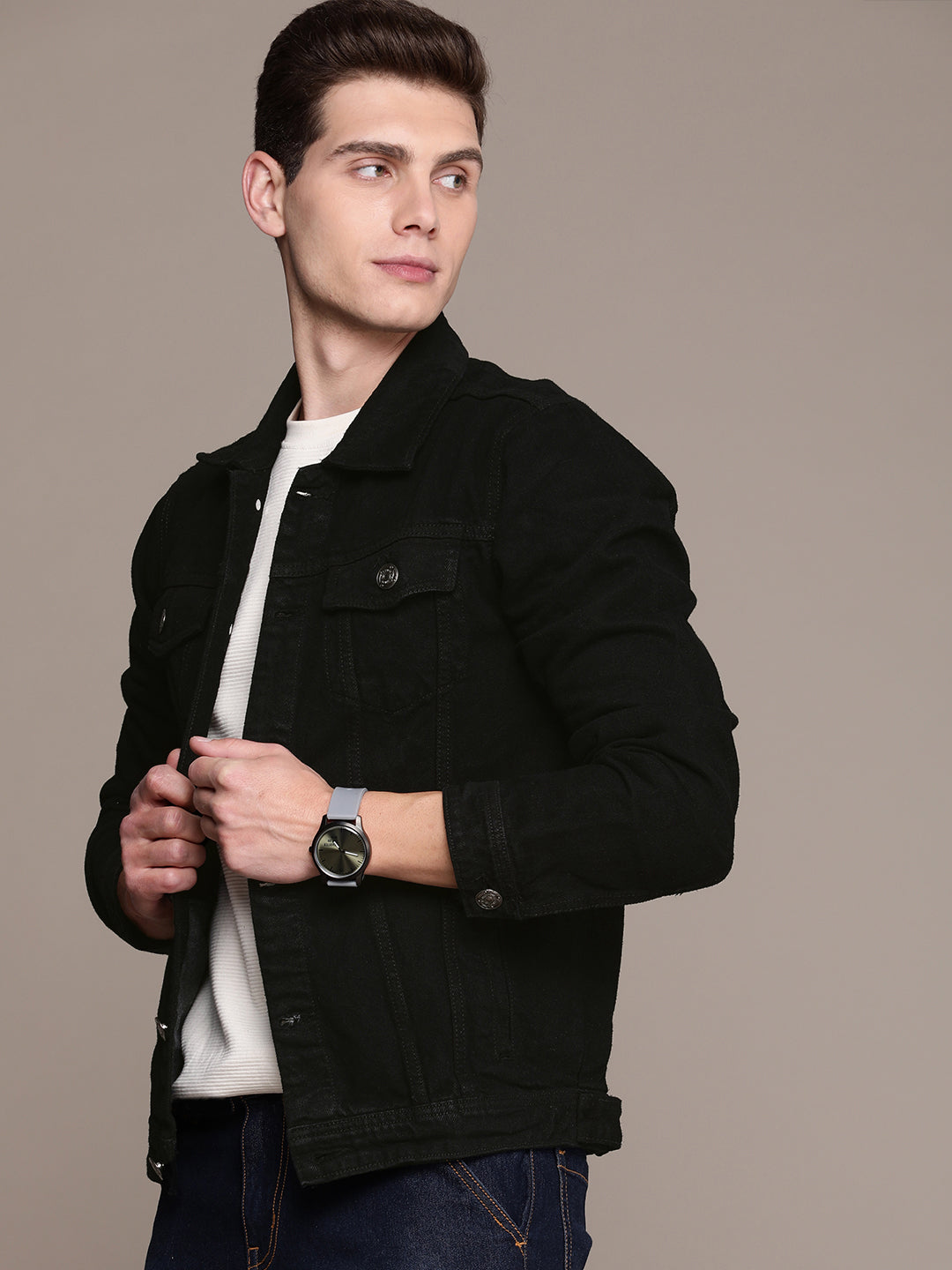 Men Black Solid Denim Jacket