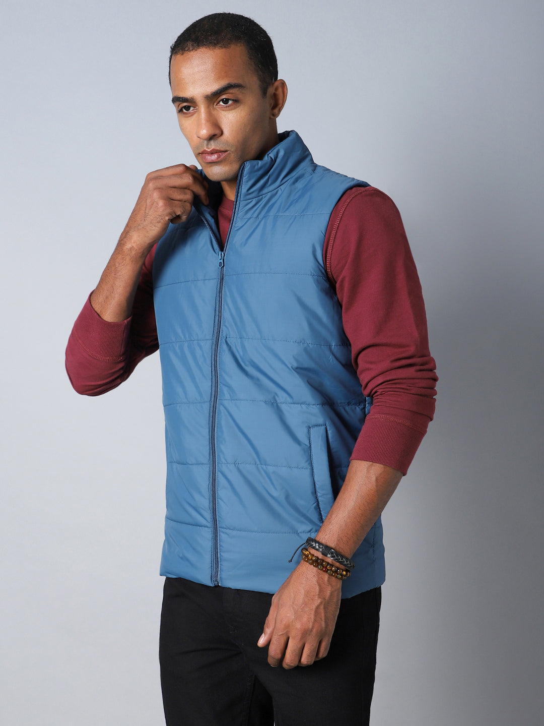 Men Blue Colourblocked Outdoor Bomber Jacket