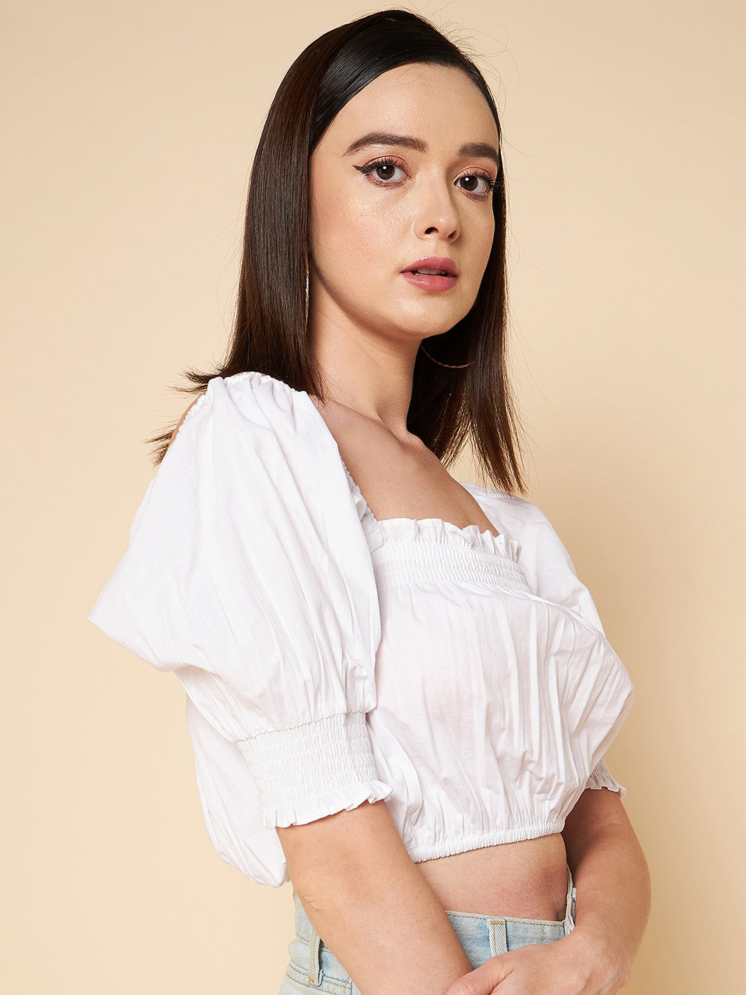 Puff Sleeve Cotton Pure Crop Fitted Top