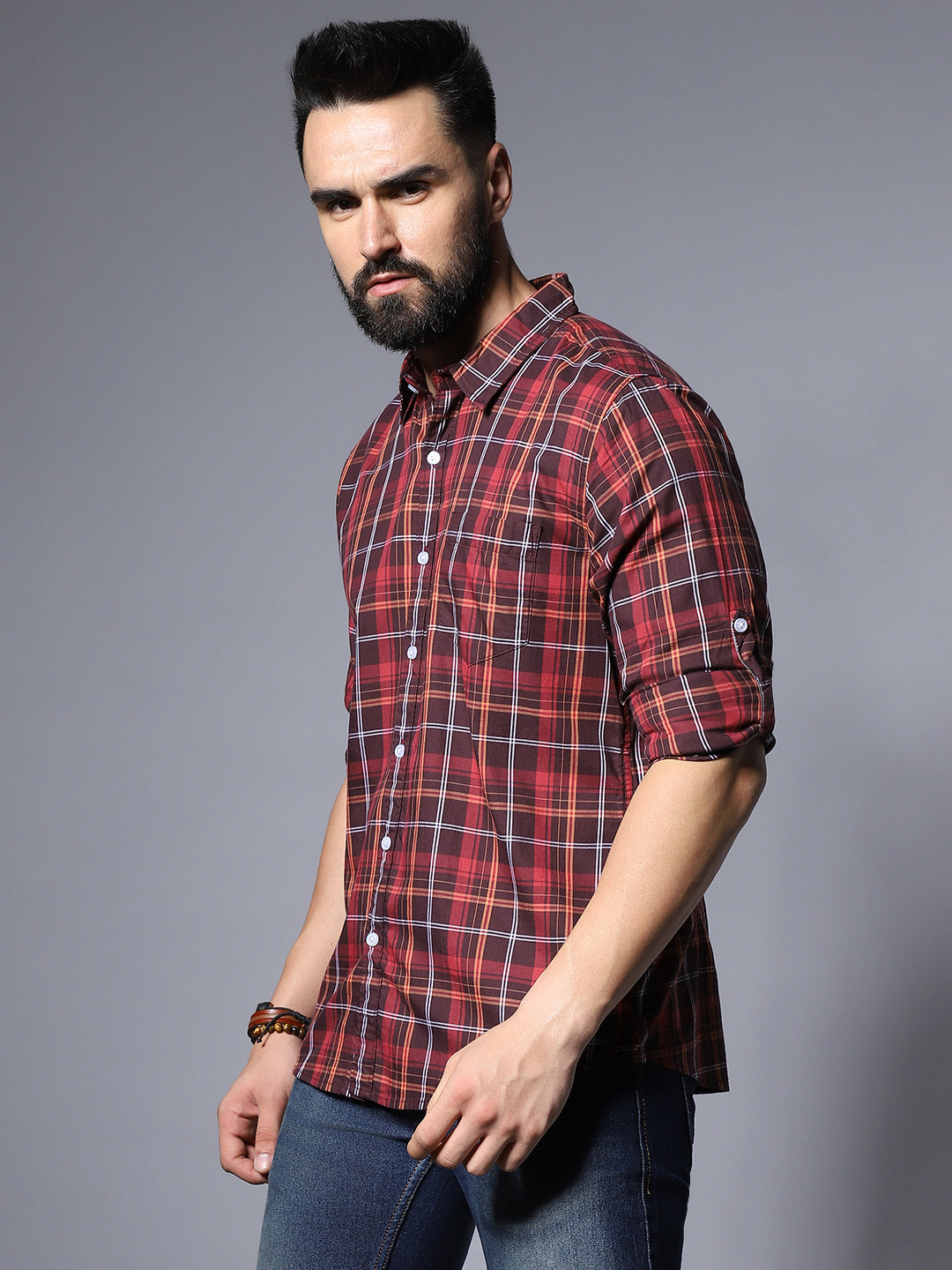 Classic Checked Roll-Up Sleeves Casual Pure Cotton Shirt