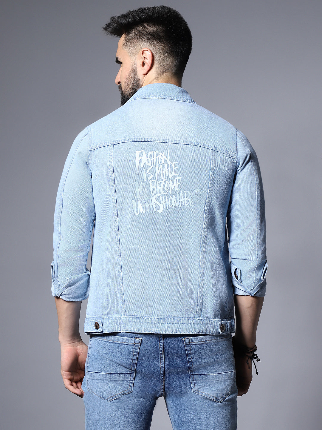 Typography Printed Spread Collar Long Sleeves Denim Jacket