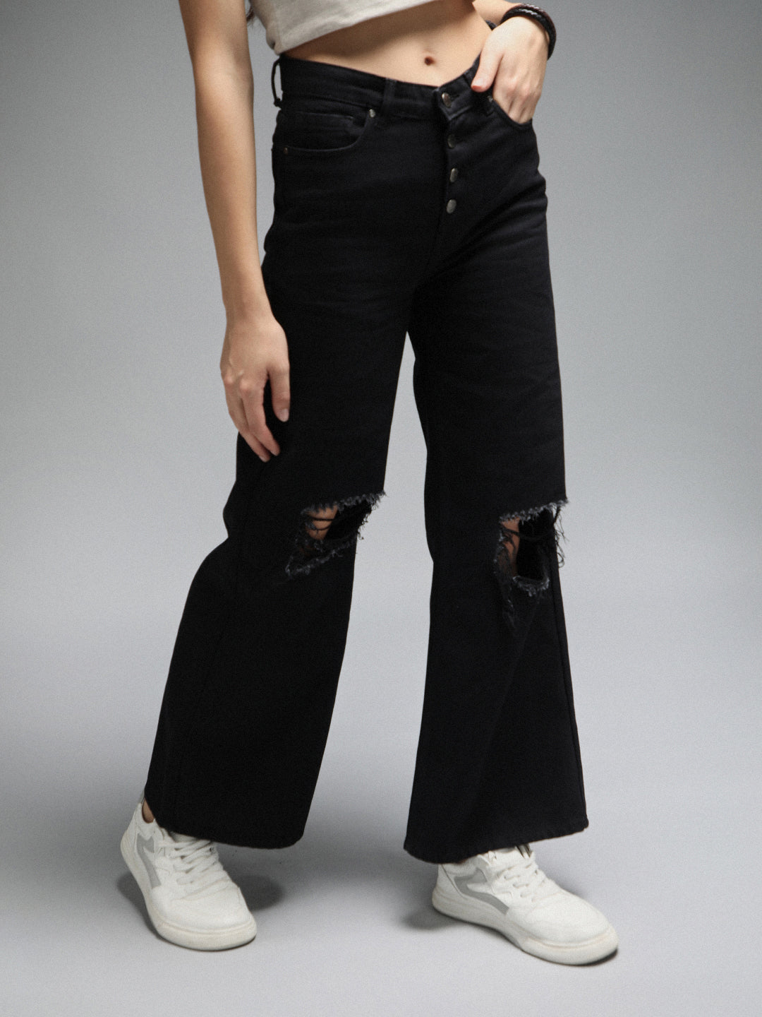 Women Wide Leg High-Rise Slash Knee Cotton Jeans