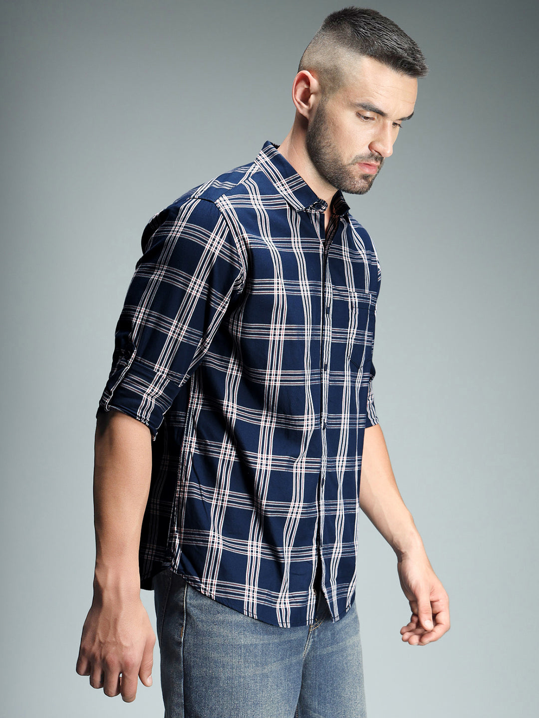 Classic Tartan Checks Spread Collar Long Sleeves Cotton Casual Shirt