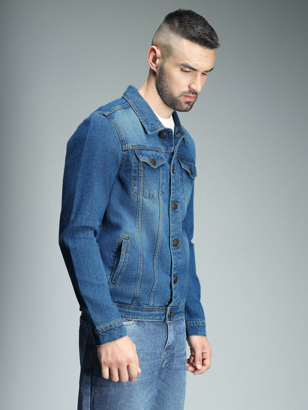 Spread Collar Long Sleeves Cotton Denim Jacket