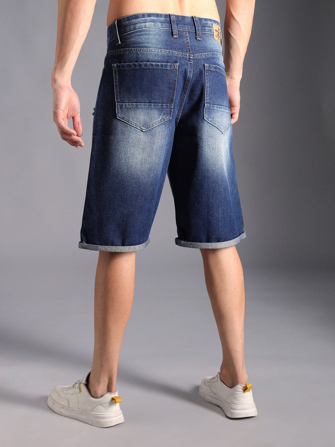 Men Washed Mid-Rise Distressed Cotton Denim Shorts