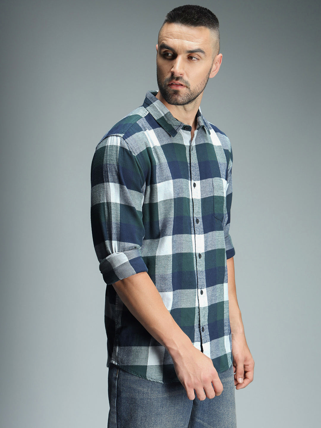 Classic Checked Spread Collar Long Sleeve Cotton Casual Shirt