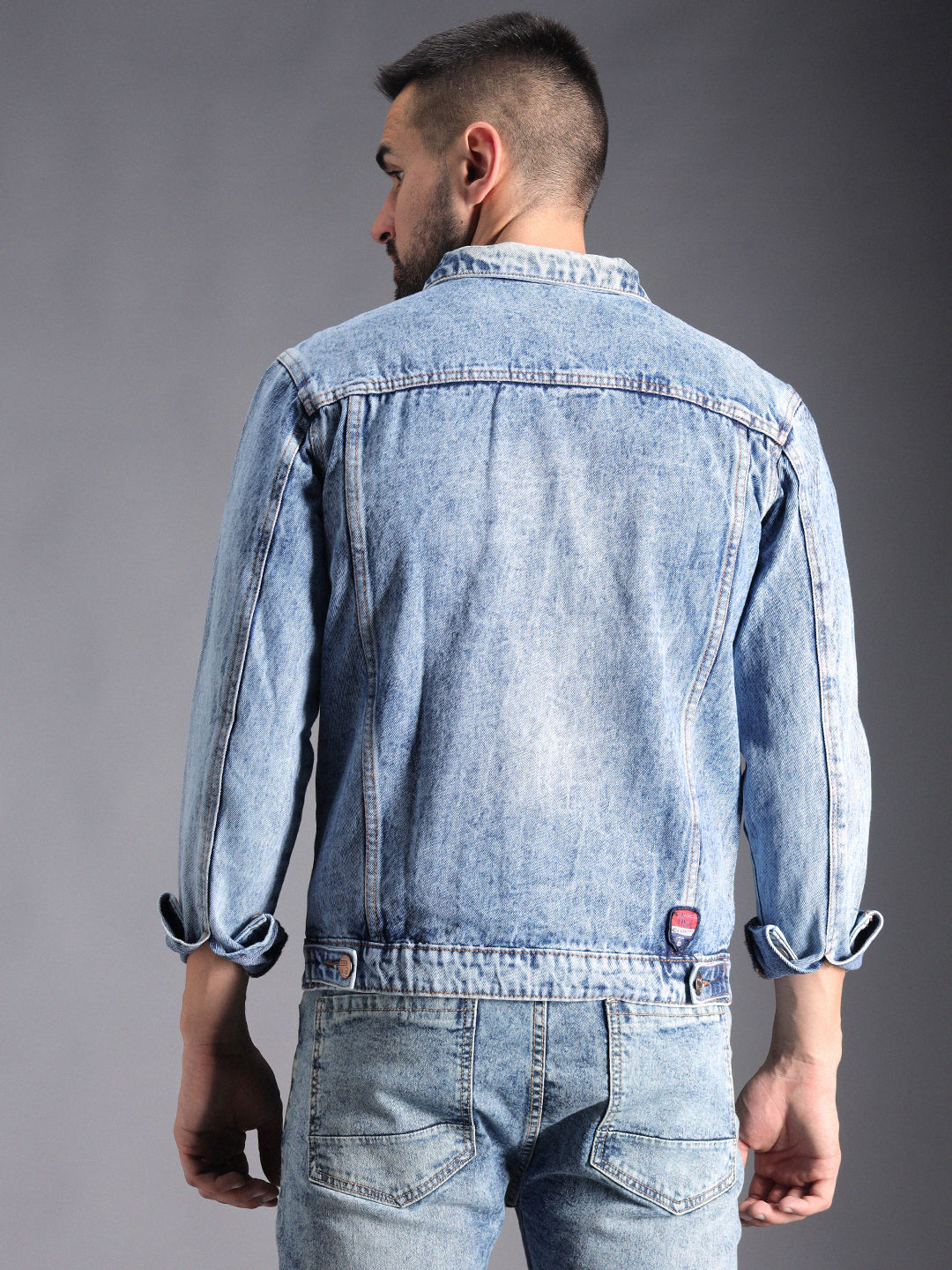 Washed Spread Collar Patchwork Cotton Denim Jacket