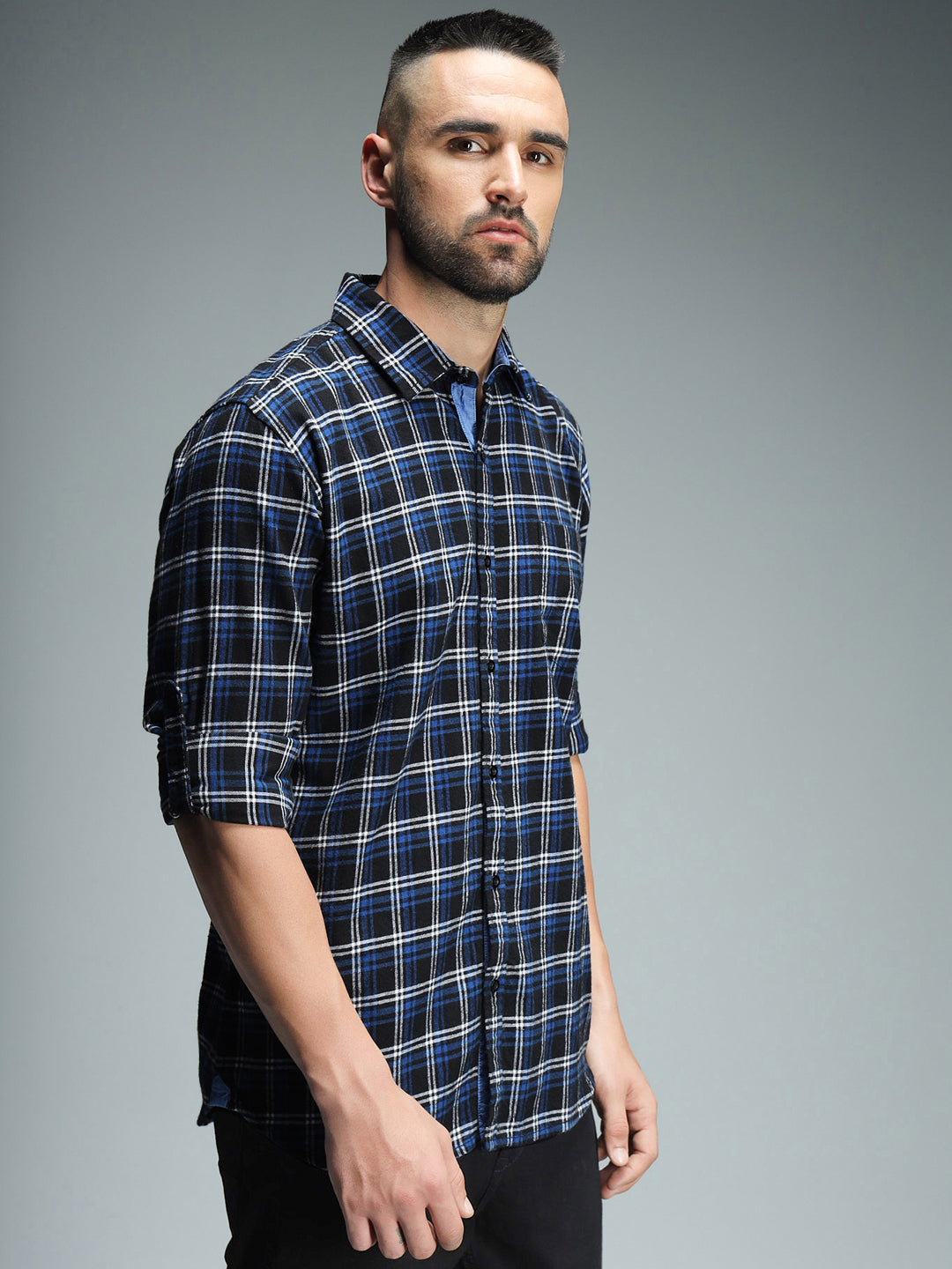 Standard Checked Cotton Spread Collar Curved Casual Shirt