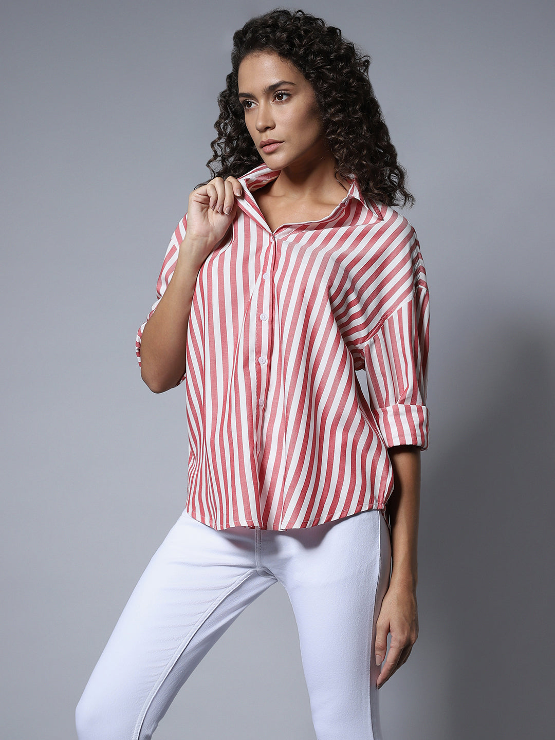 Cotton Spread Collar Long Sleeves Solid Boxy Longline Shirts