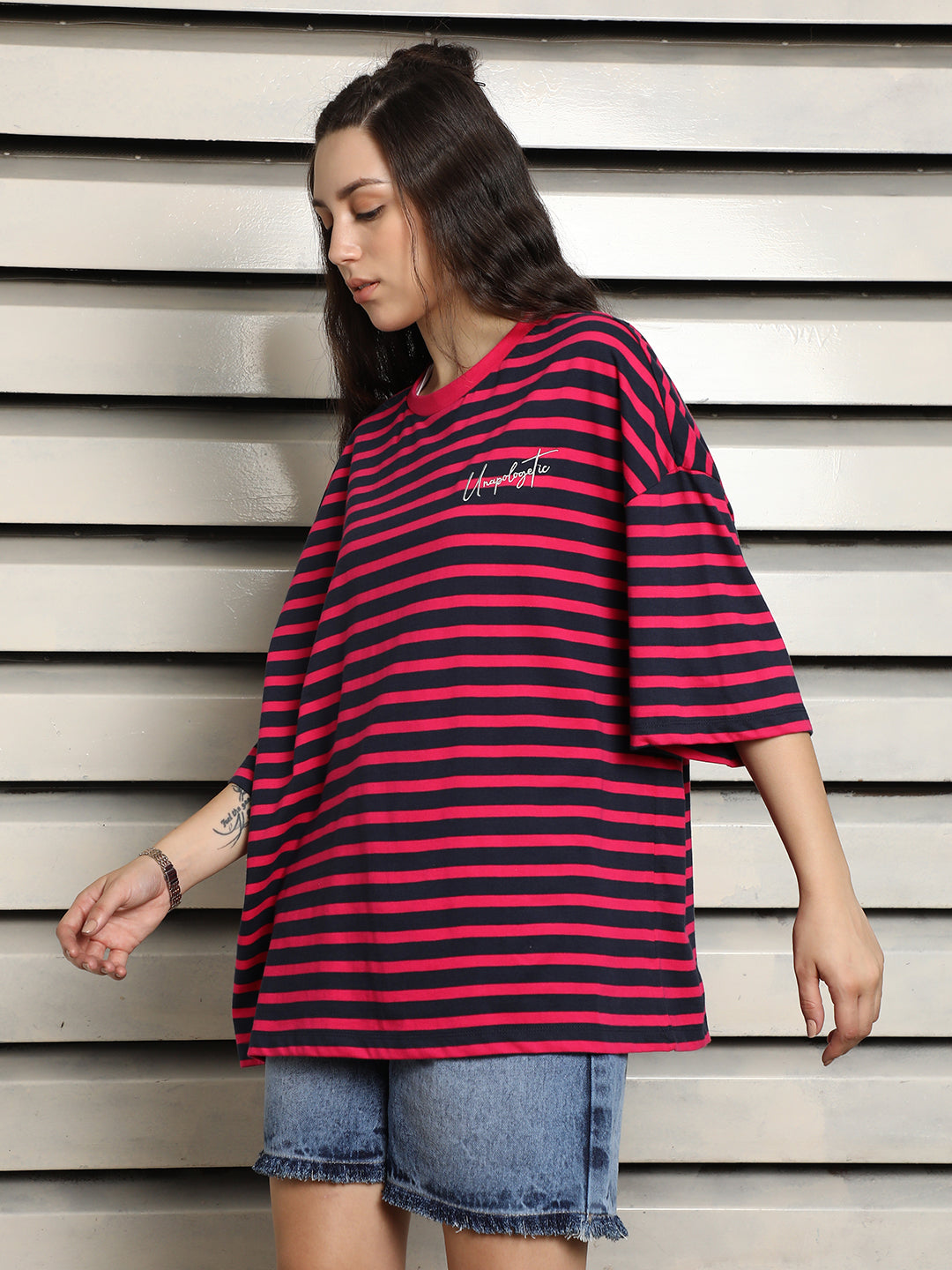 Striped Round Neck Drop-Shoulder Sleeves Cotton Oversized T-shirt