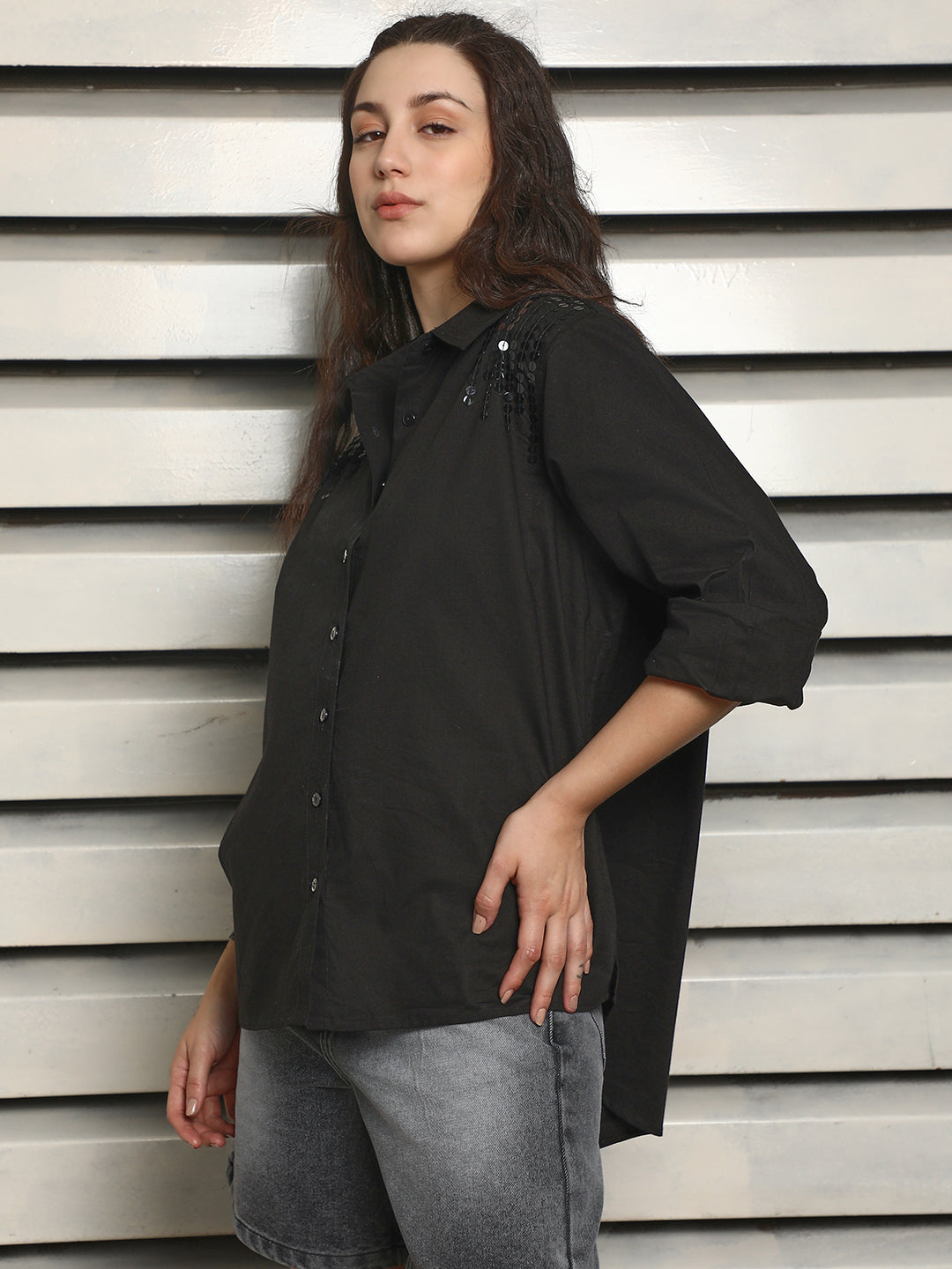 Classic Spread Collar sequin embellished Oversized Cotton Casual Shirt