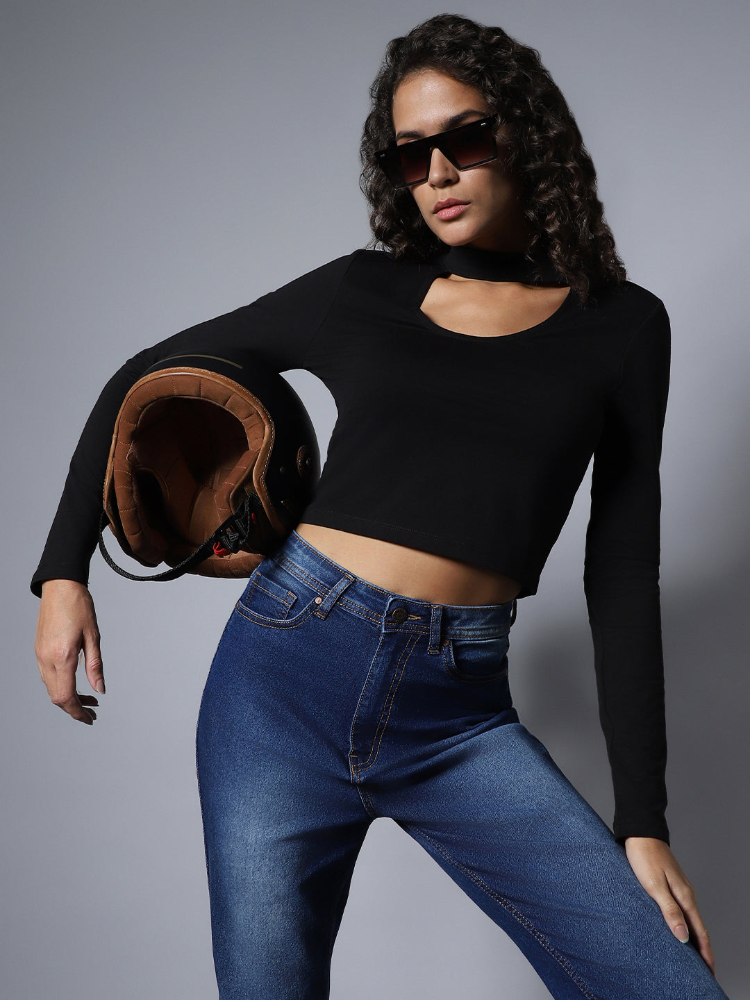 Solid Choker Neck Full Sleeves Top