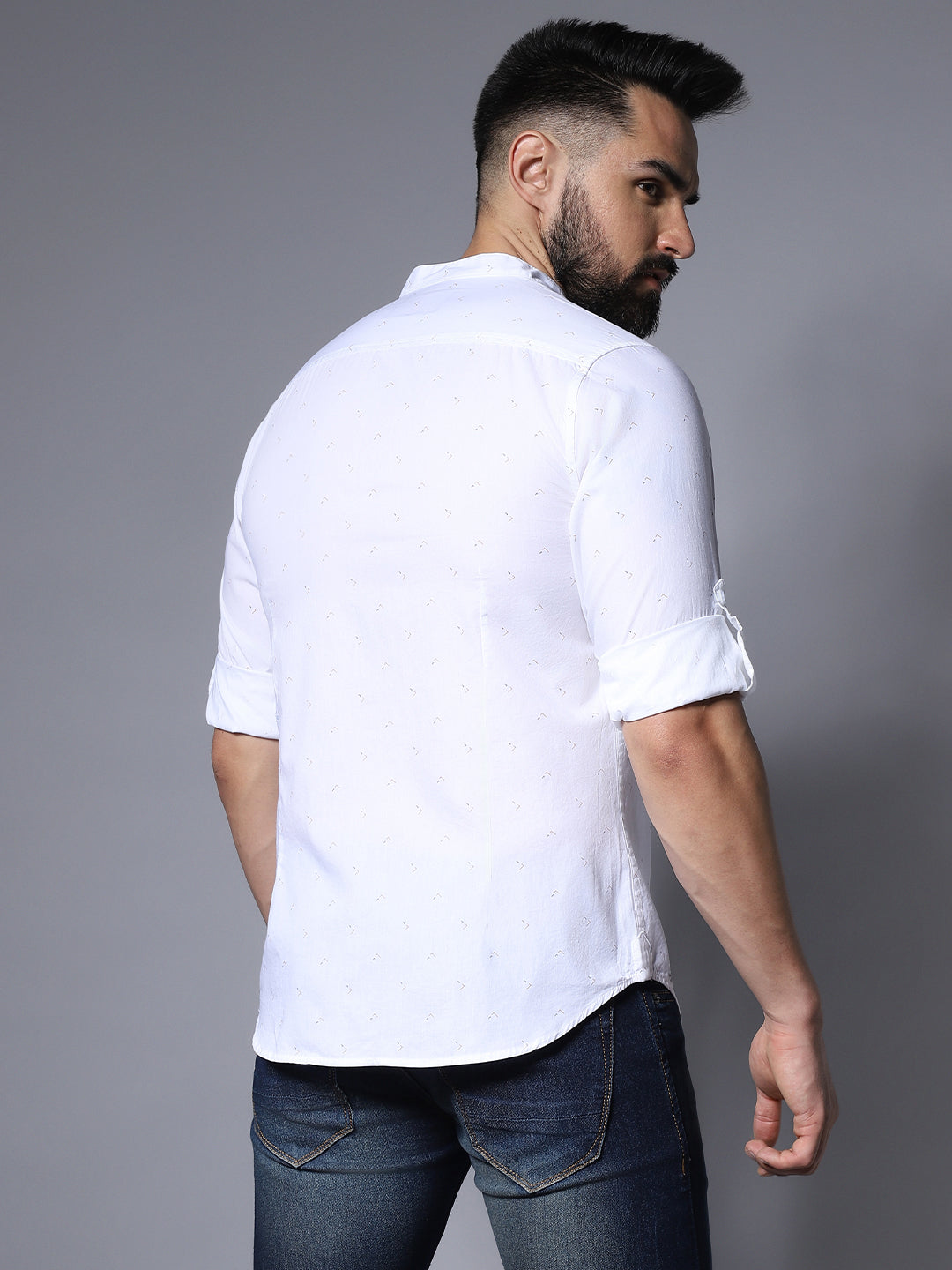 Classic Band Collar Roll-Up Sleeves Casual Pure Cotton Shirt