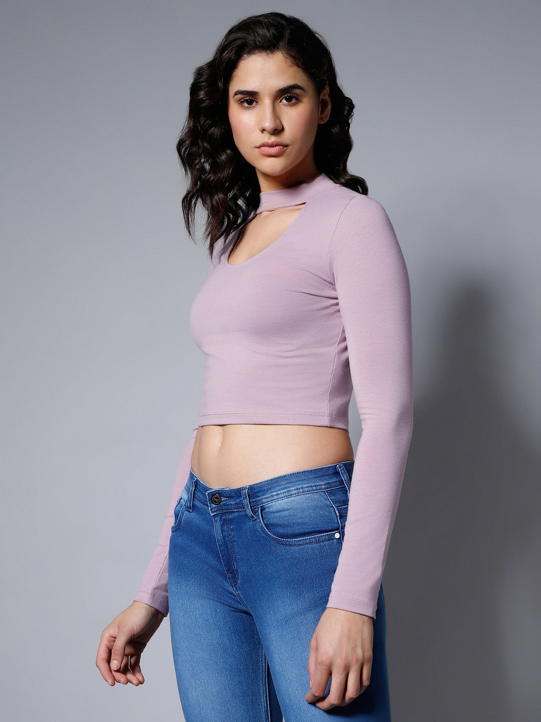 Choker Neck Fitted Full Sleeves Crop Top