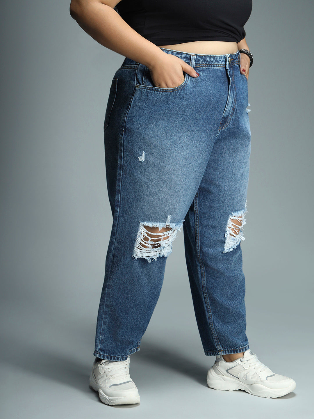 Women Plus Size Mom Fit Mildly Distressed Light Fade Jeans