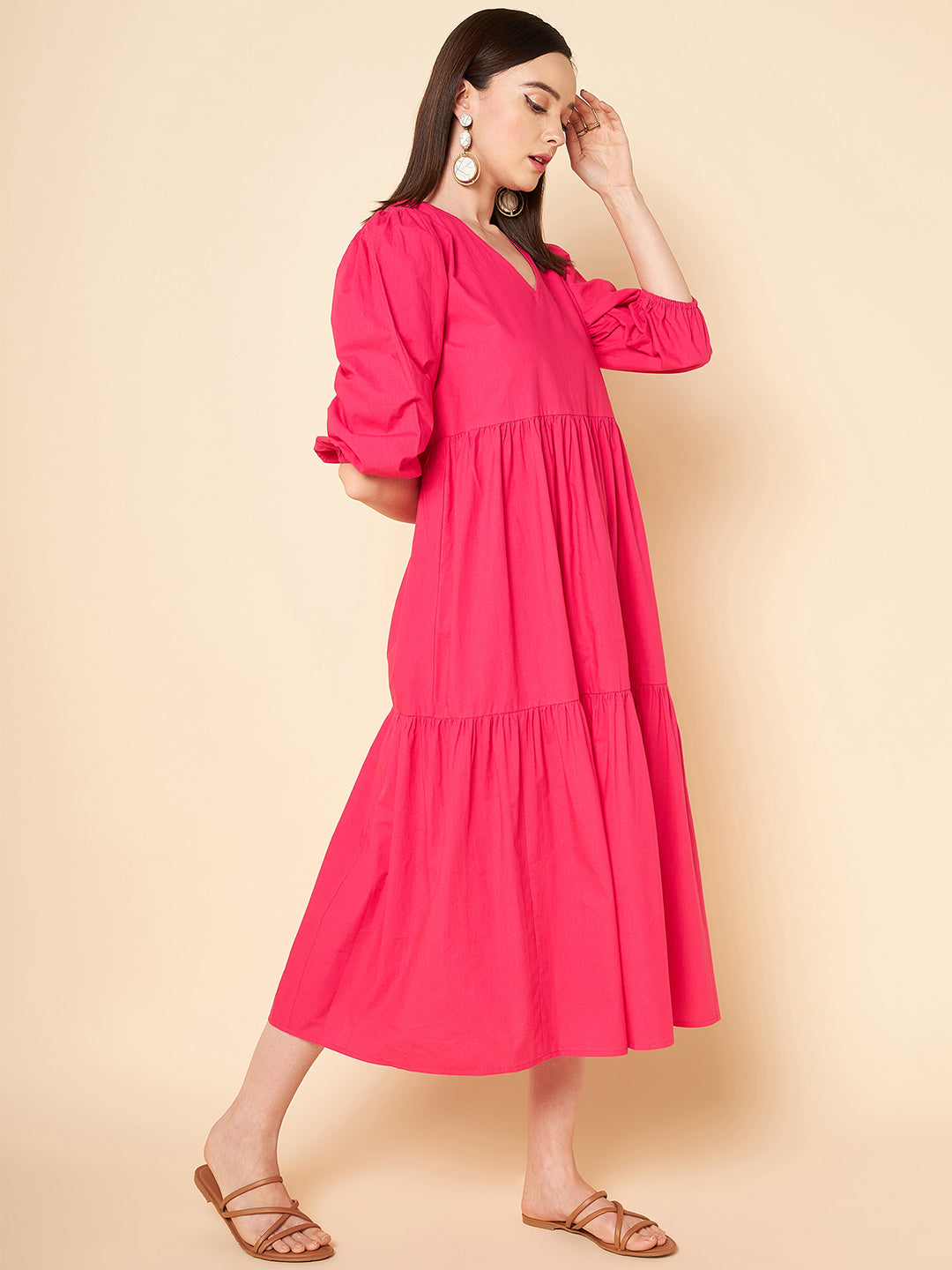 V-Neck Puff Sleeve Fit  Flare Midi Dress