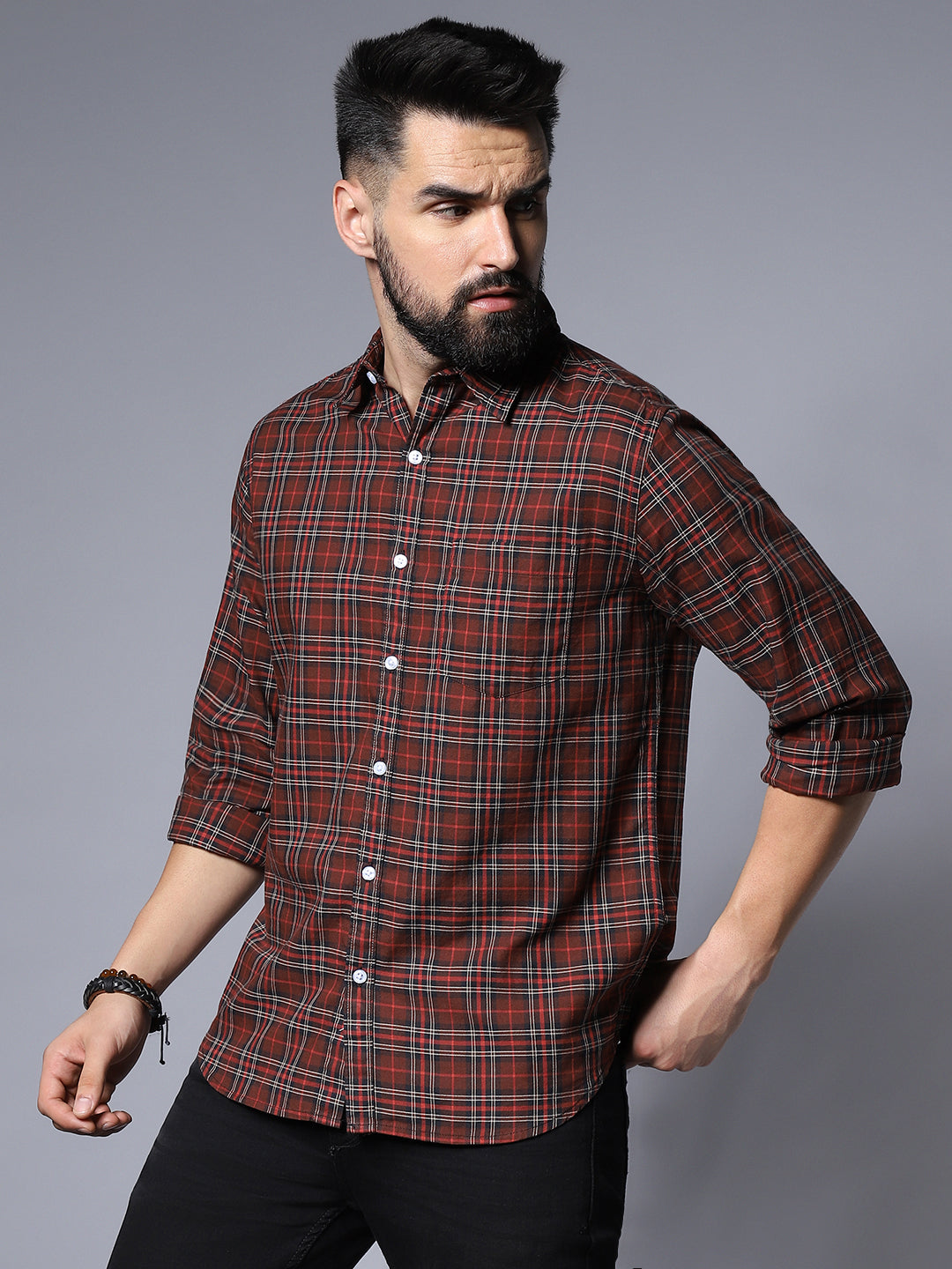 Checked Spread Collar Cotton Casual Shirt