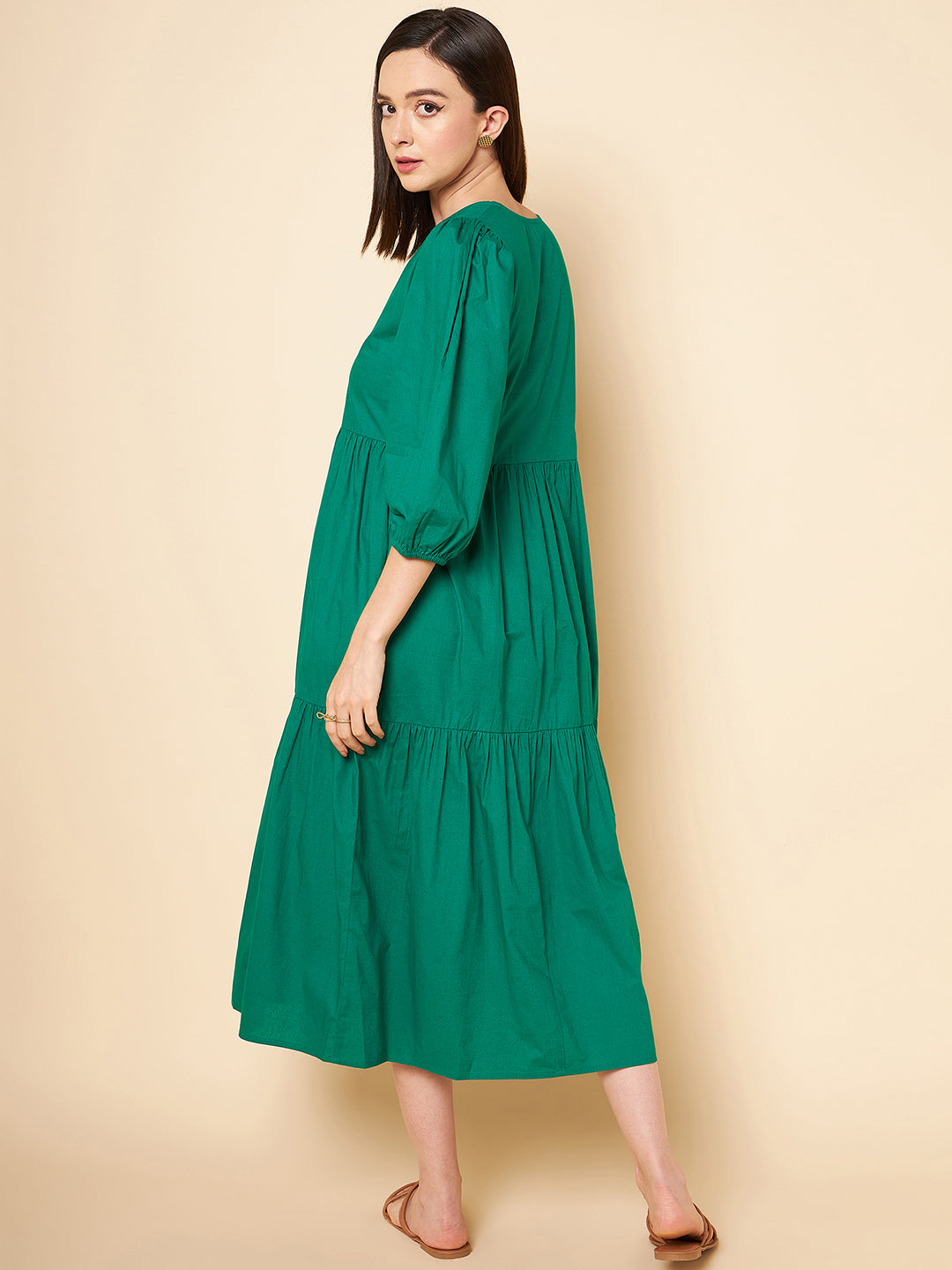 V-Neck Puff Sleeve Tiered Pure Cotton A-Line Midi Dress