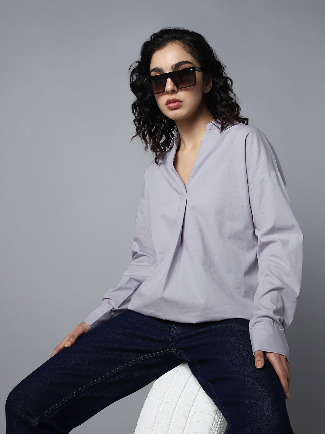 Cuffed Sleeves Pure Cotton Shirt Style Top