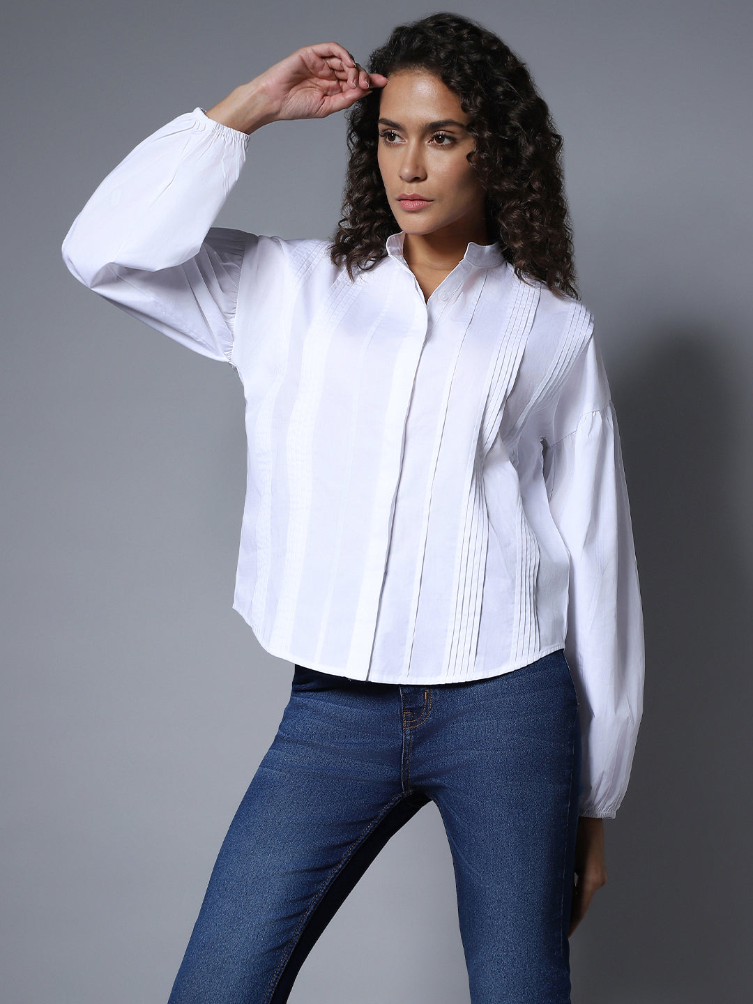 Cotton Mandarin Collar Long Sleeves Solid Boxy Regular Shirt