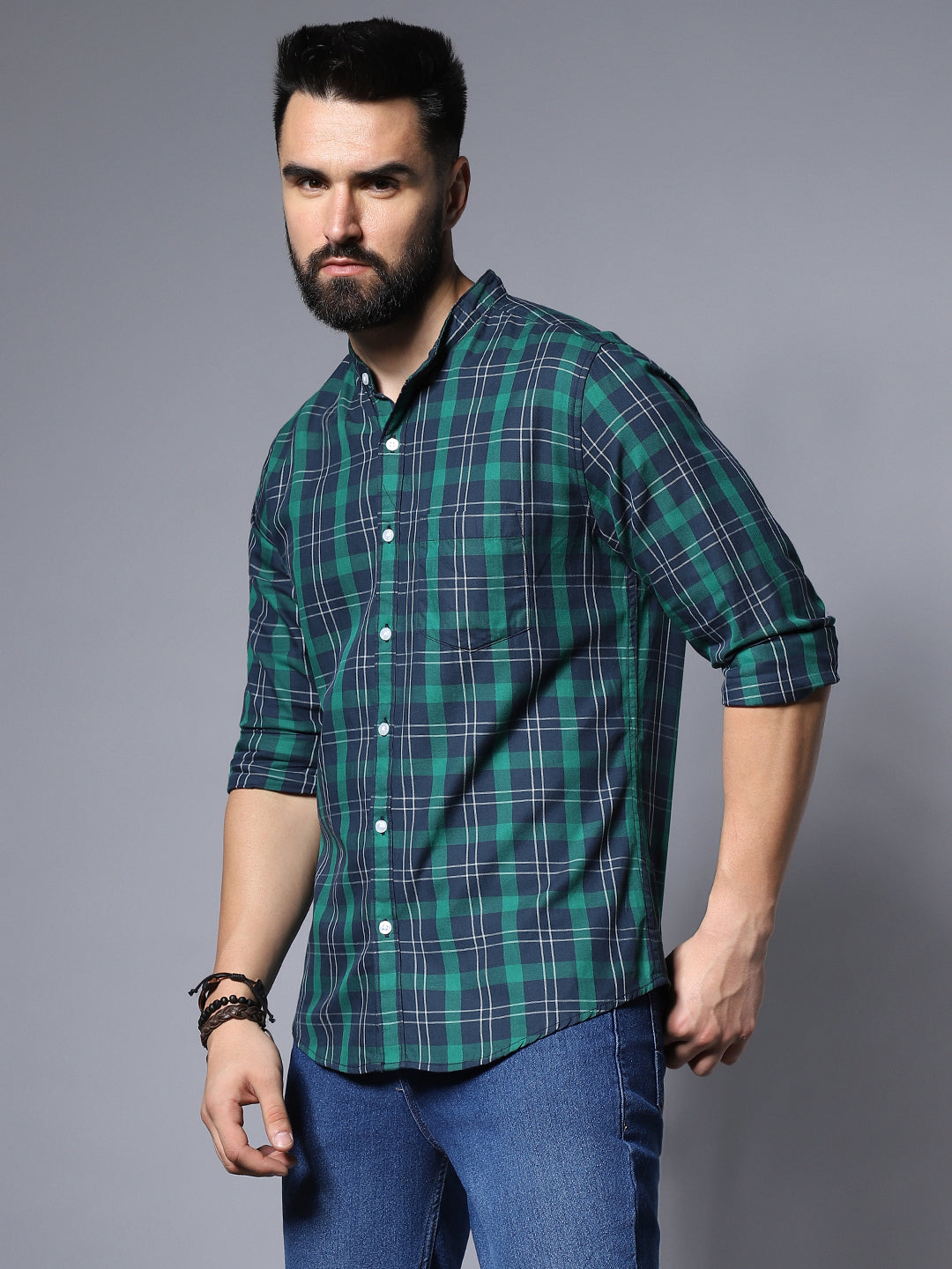 Grid Tattersall Checked Cotton Spread Collar Opaque Cotton Casual Shirt