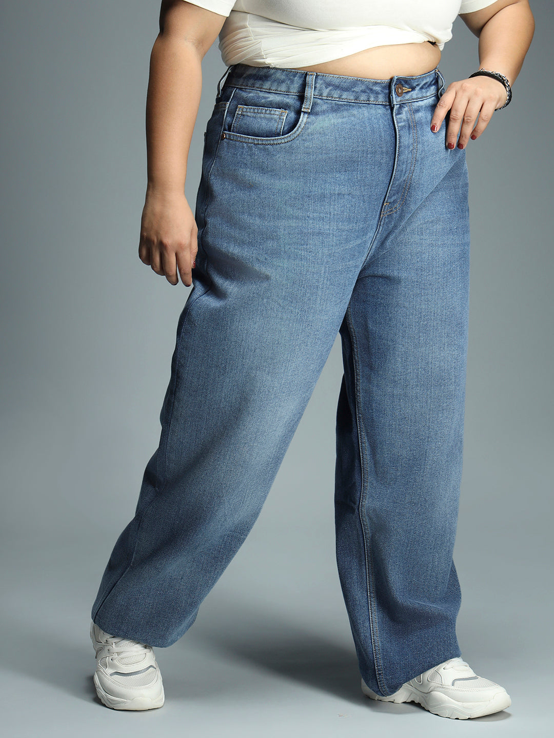 Women Plus Size 90s Straight High-Rise Pure Cotton Jeans