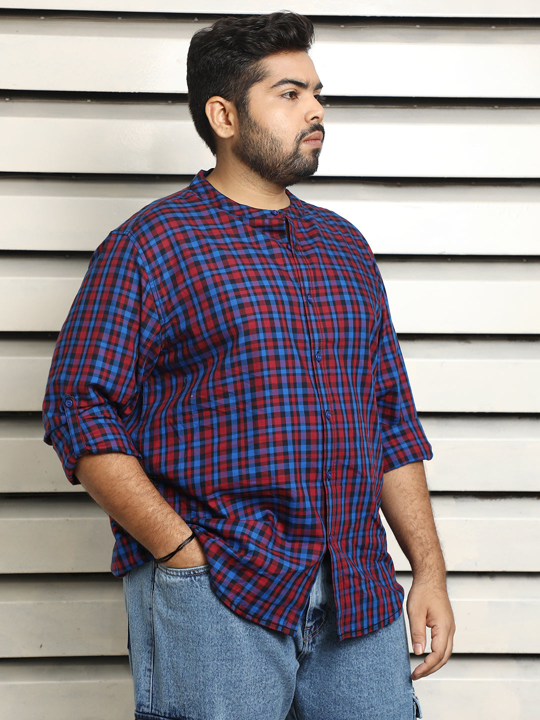 Plus Size Men Mandarin Collar Checked Casual Shirt